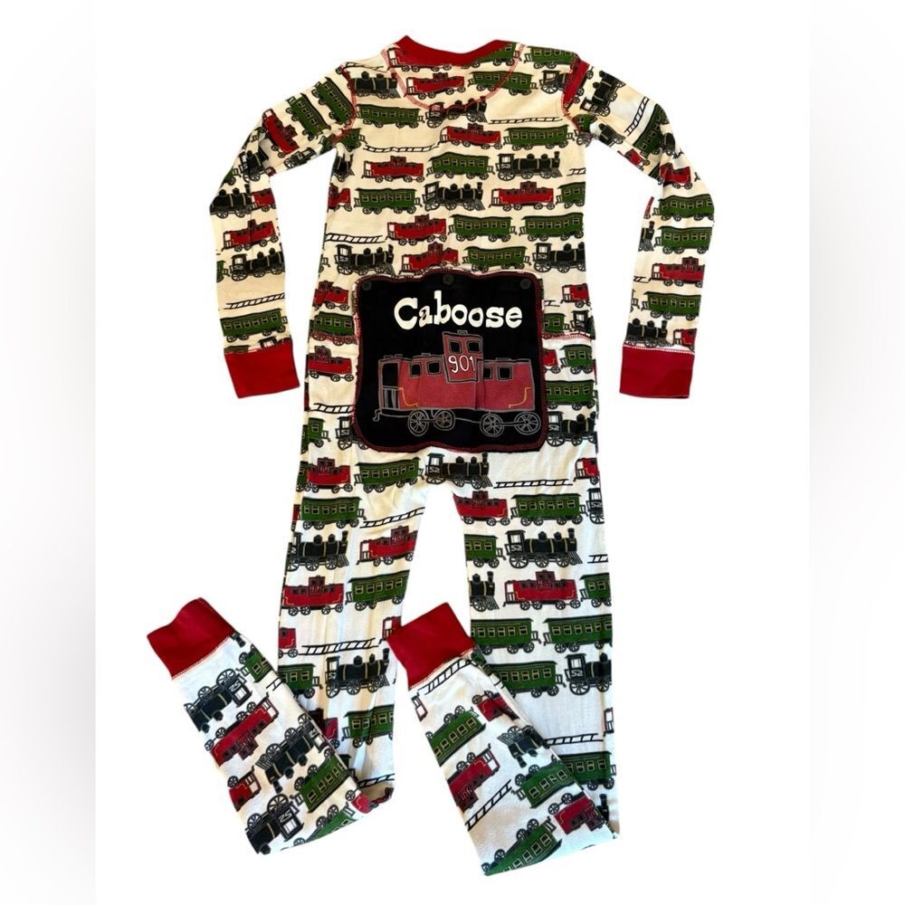 Lazy One Train Caboose Pajama One Piece Flapjacks Red Green Holiday Youth Sz 12
